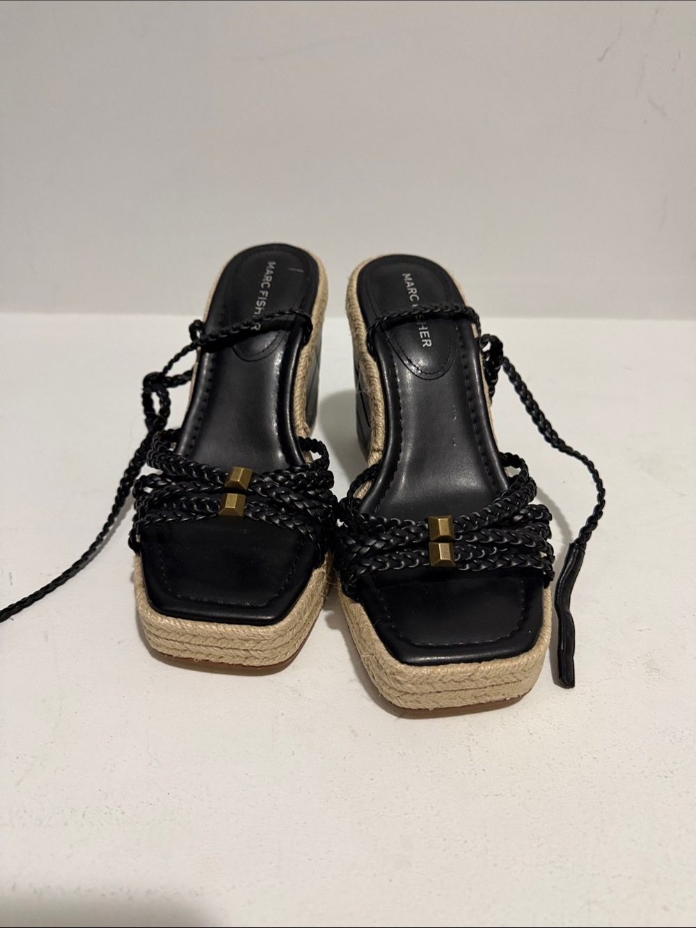Marc Fisher Black Braided Espadrille Wedge Sandals with Gold Accents